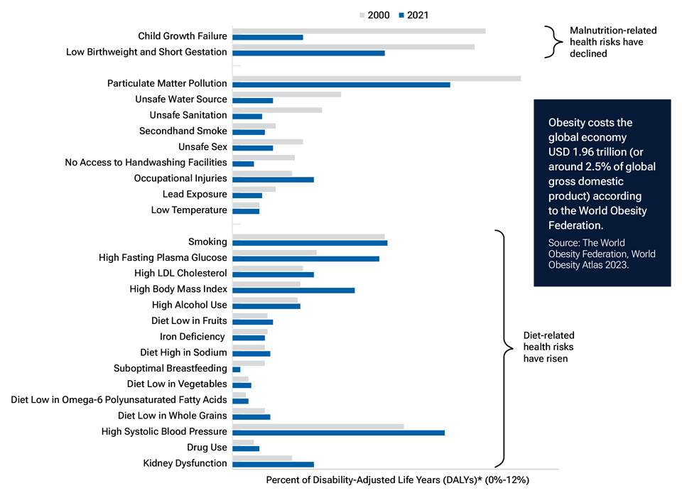 A bar chart showing the change in profile of leading health risks between 2000 and 2021, with malnutrition-related health risks having declined and global diet-related health risks on the rise. Both malnutrition-related health risks and diet-related health risks are grouped and labeled separately to show how they have changed over time.