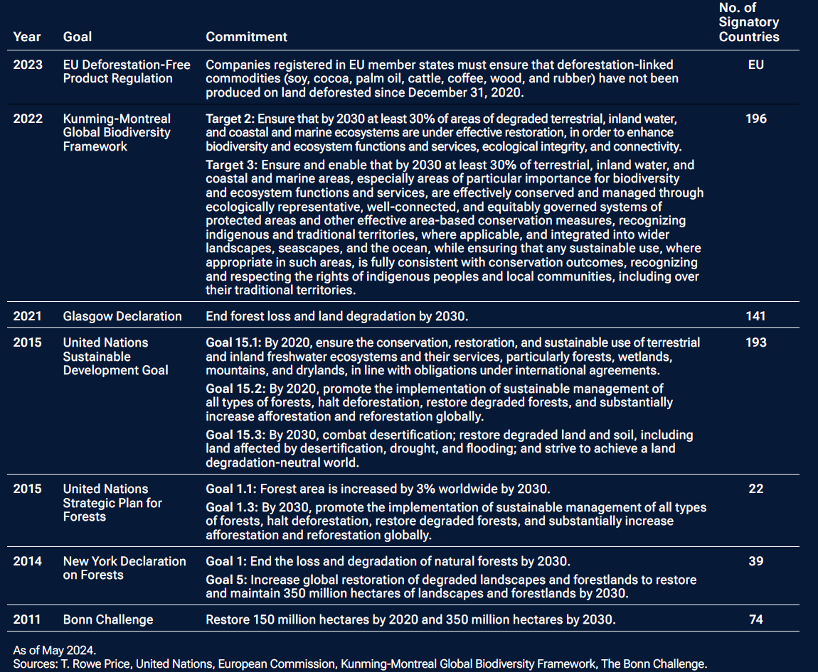 Table showing countries’ commitments to addressing deforestation between 2011 and 2023.