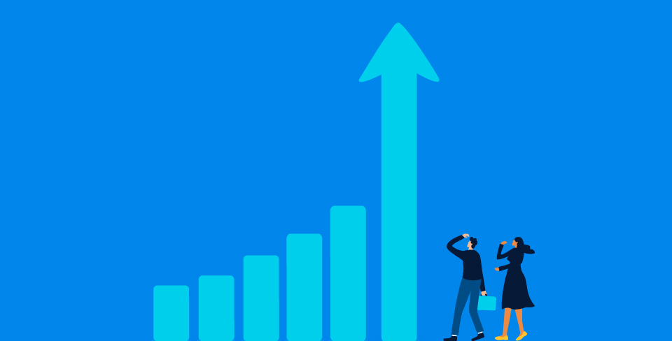 Grow business increase sales and profit, growth or progress to achieve goal and target, improve or development to boost performance concept, business people team looking at high rising up graph arrow.