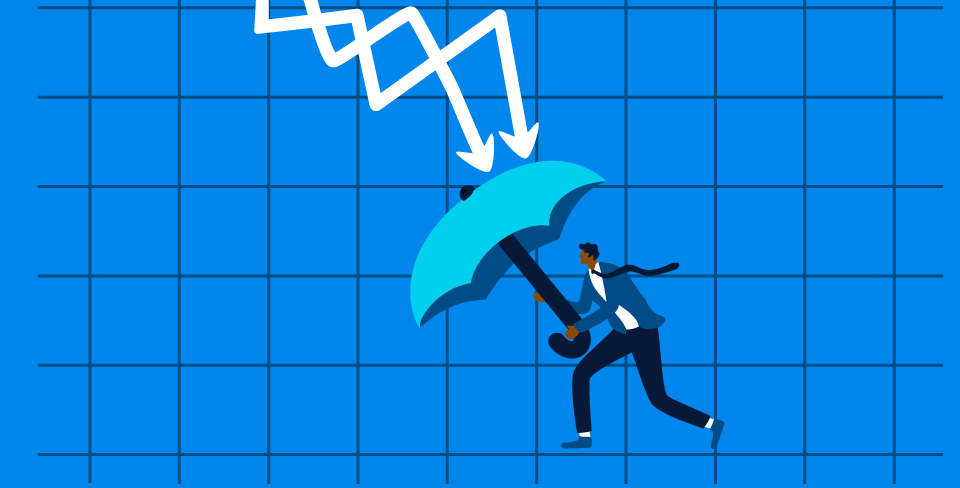 Protection or defensive stock in economy crisis or market crash, business resilient to survive difficulty or insurance concept, businessman holding umbrella to cover and protect from downturn arrow.