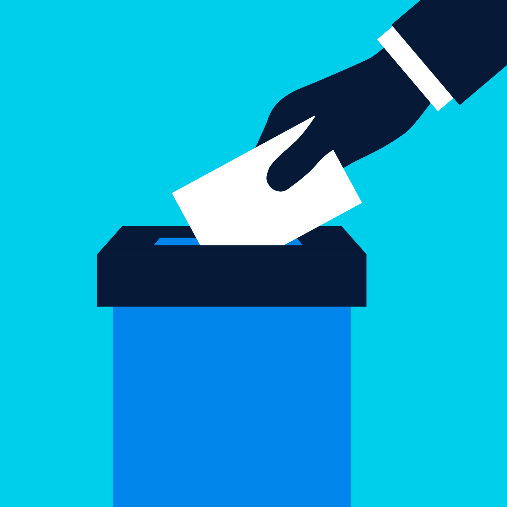 Navy illustration of an arm in a suit placing a white ballot card in a light blue ballot box.