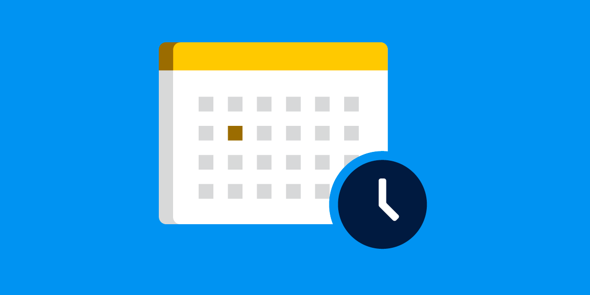 An illustration of a white monthly calendar against a blue background, next to an icon of a clock.