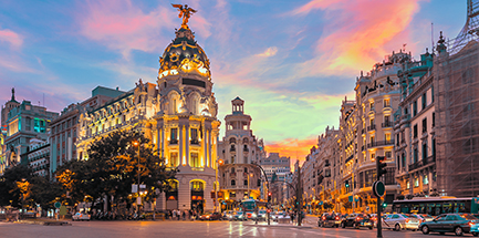 Madrid city skyline gran via street twilight , Spain