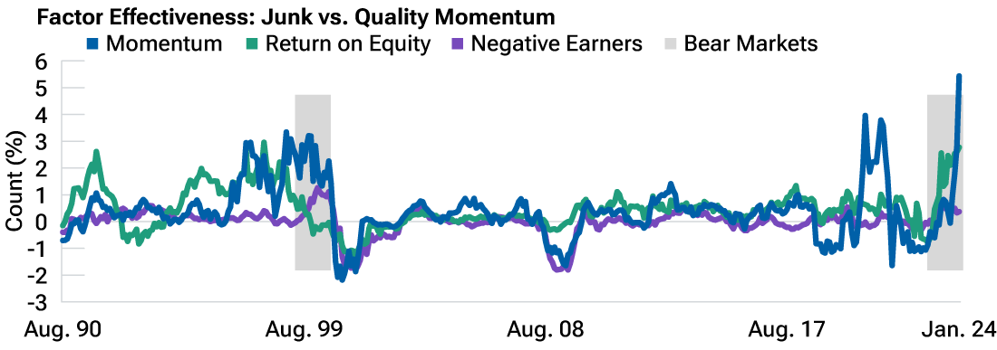 A line chart tracking the returns of momentum stocks against changes in return on equity. The chart shows that the returns on stocks with negative earnings performed best before the 2000 bear market.
